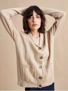 La Ligne Cashmere Blend Ribbed Cardigan Neutral Oat Button Front XS